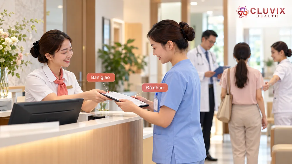 Lễ tân bàn giao lượt khám cho nhân viên chuyên môn và xác nhận người nhận