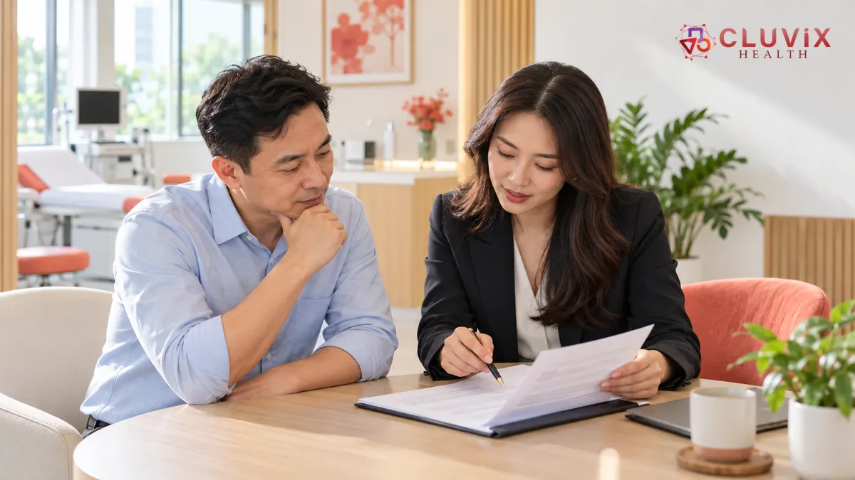 chủ phòng khám và luật sư đọc hợp đồng phần mềm
