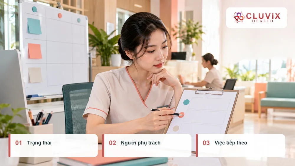 Nhân viên tư vấn rà soát trạng thái, người phụ trách và việc tiếp theo trong bản ghi khách hàng