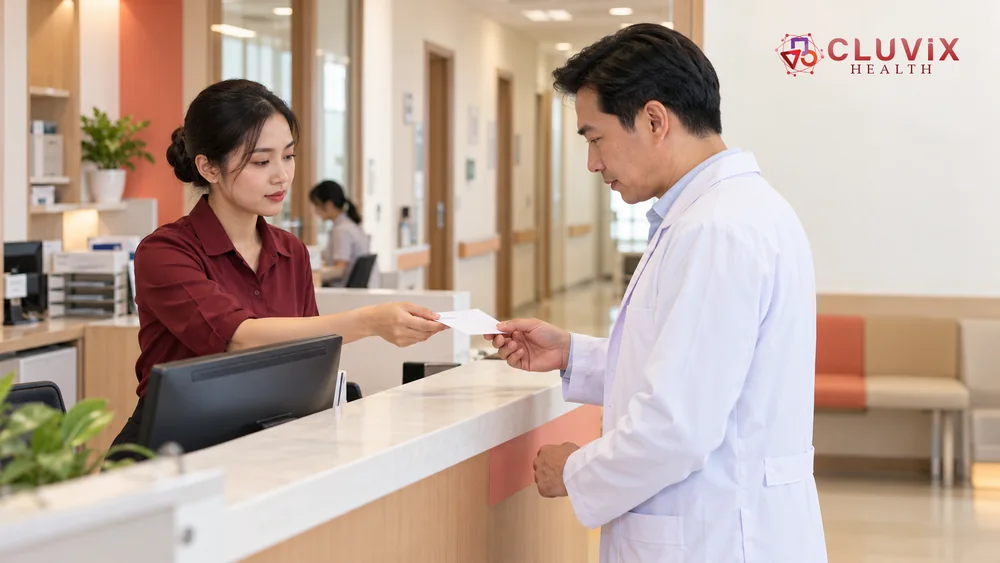 Nhân viên CSKH chuyển câu hỏi chuyên môn của khách cho bác sĩ tại phòng khám Việt Nam
