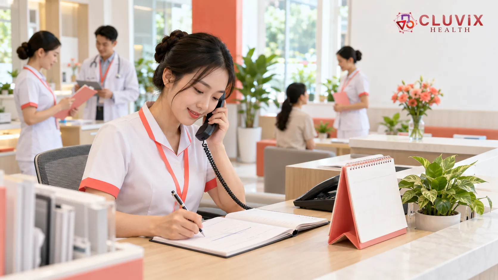 nhân viên lễ tân nghe điện thoại ghi lại lịch hẹn mới