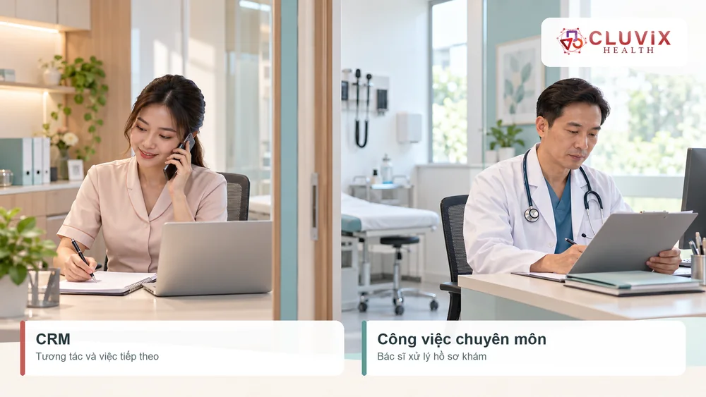 Nhân viên tư vấn theo dõi tương tác khách hàng bên cạnh bác sĩ xử lý hồ sơ chuyên môn