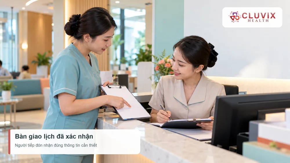 Nhân viên đặt lịch bàn giao lịch khám đã xác nhận cho lễ tân tiếp đón