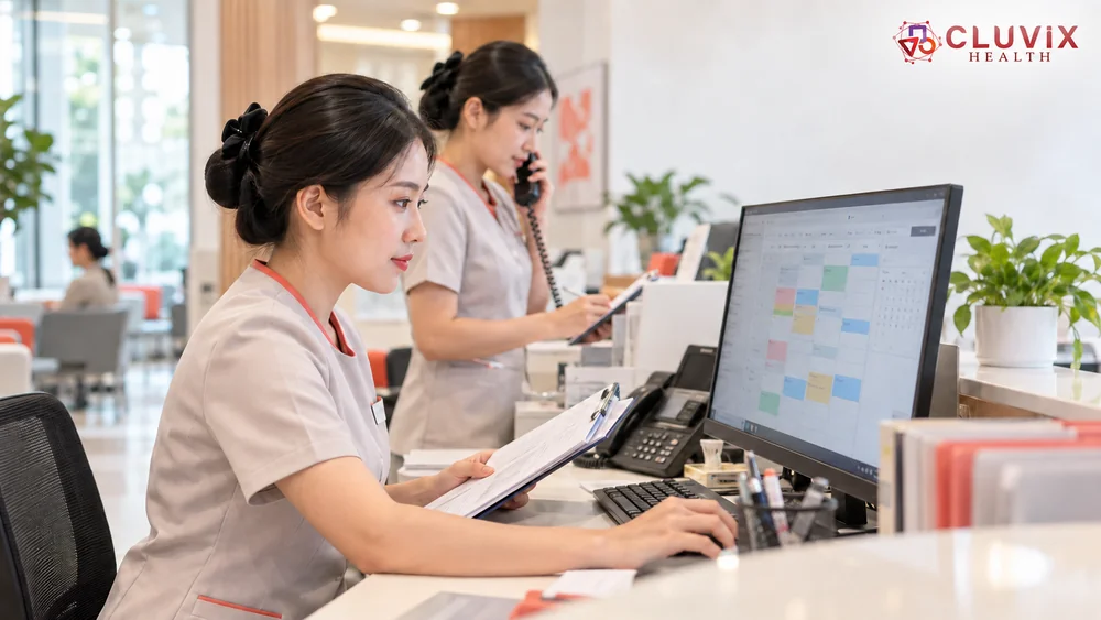 nhân viên lễ tân phòng khám đối soát lịch hẹn bệnh nhân
