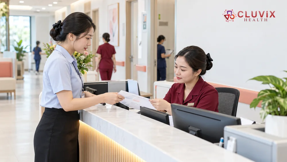 Quy trình bàn giao khách hàng phòng khám giữa nhân viên tư vấn và lễ tân tại quầy tiếp nhận