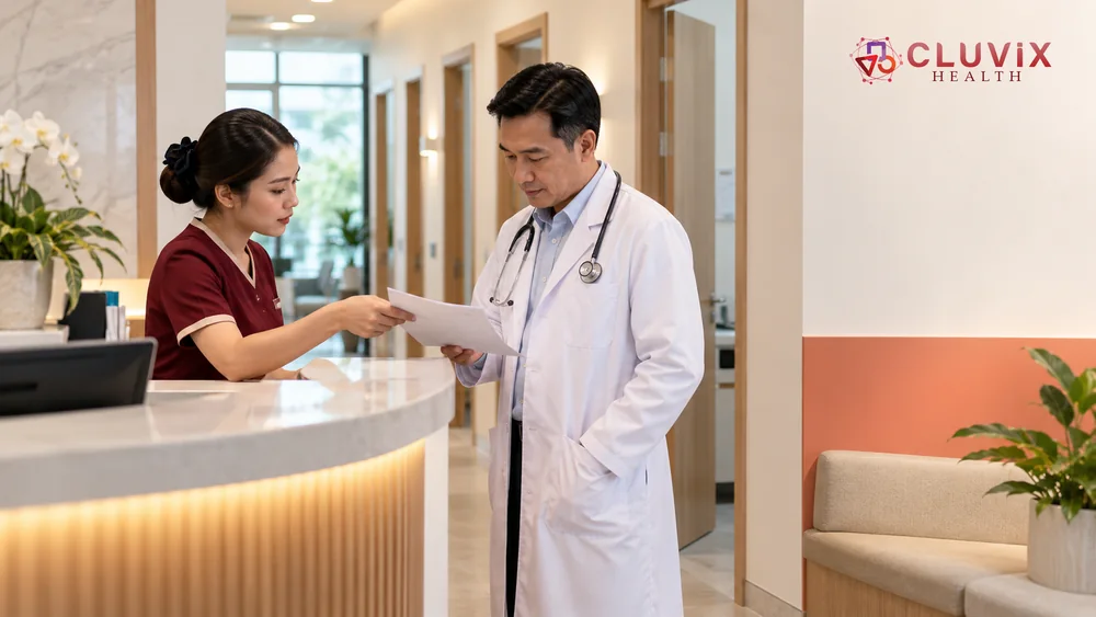 giao cần kiểm tra ngay”, trước H3 “Phân biệt biểu hiện với nguyên nhân” — minh họa một điểm bàn giao cụ thể	Lễ tân bàn giao lịch hẹn cho bác sĩ tại phòng khám Việt Nam