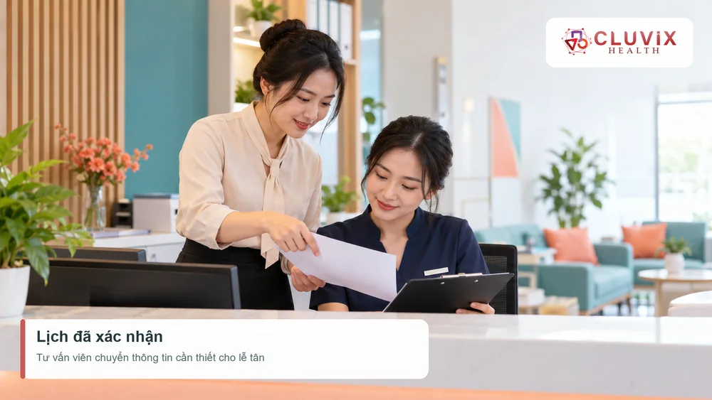 Tư vấn viên bàn giao lịch đã xác nhận cho lễ tân trước khi khách đến phòng khám