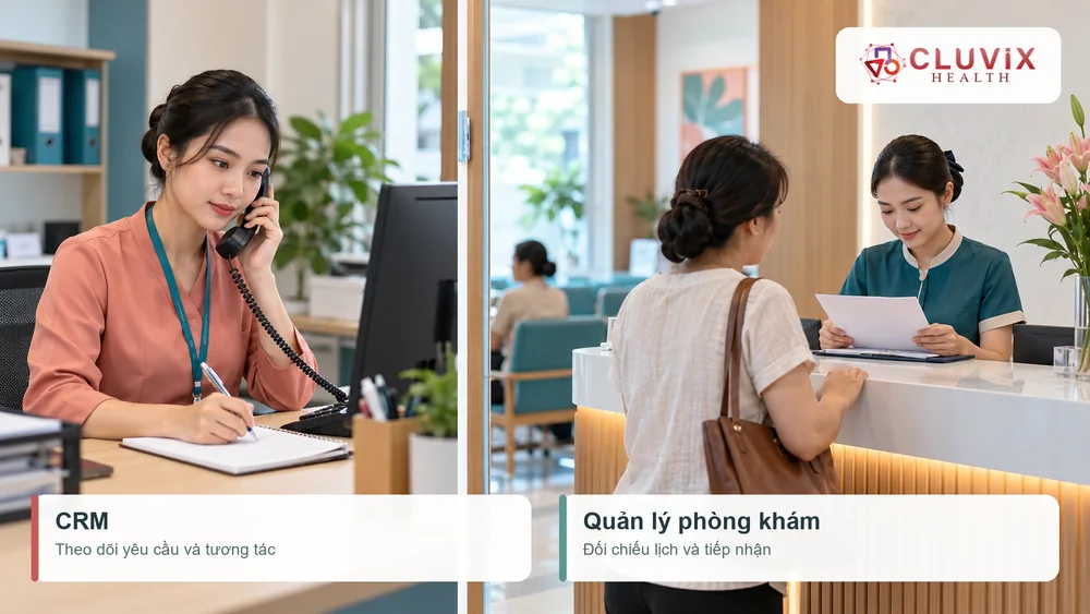CRM và phần mềm quản lý phòng khám: nhân viên tư vấn theo dõi yêu cầu, lễ tân đối chiếu lịch khi khách đến