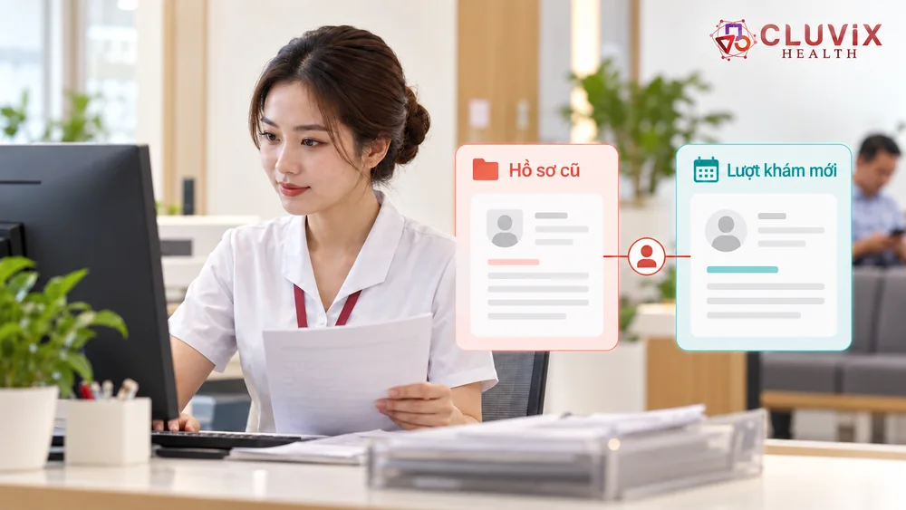 Lễ tân đối chiếu hồ sơ bệnh nhân cũ trước khi ghi nhận lượt khám mới