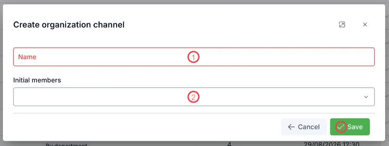 The Create organization channel form with three areas numbered