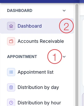 CRM left menu with a group name and the open screen numbered