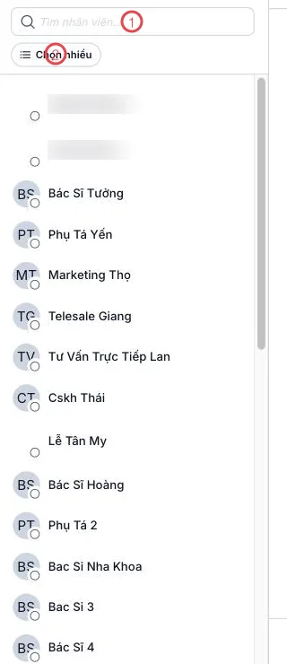 Màn hình Danh bạ với 2 khu vực được đánh số