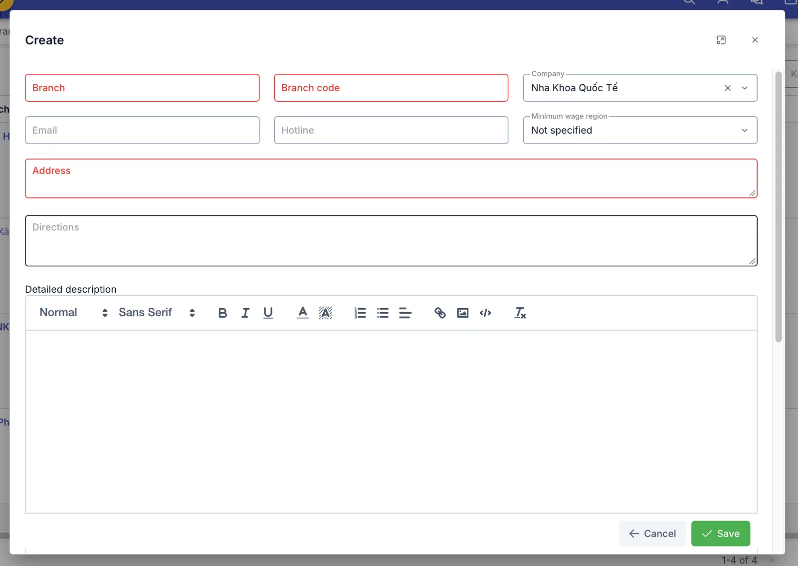 Create branch dialog, basic info and detailed description section