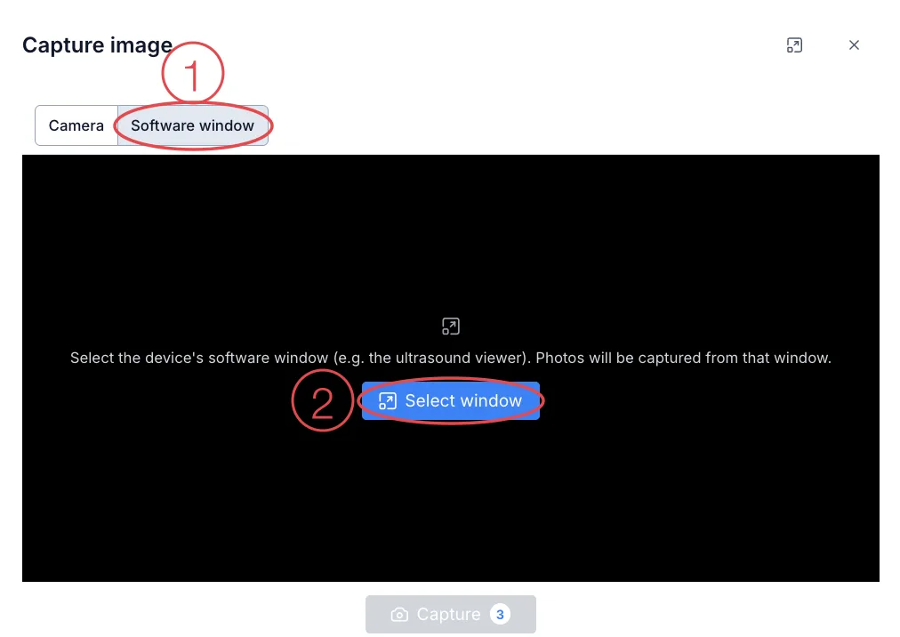 The Capture image window in Software window mode, Select window circled