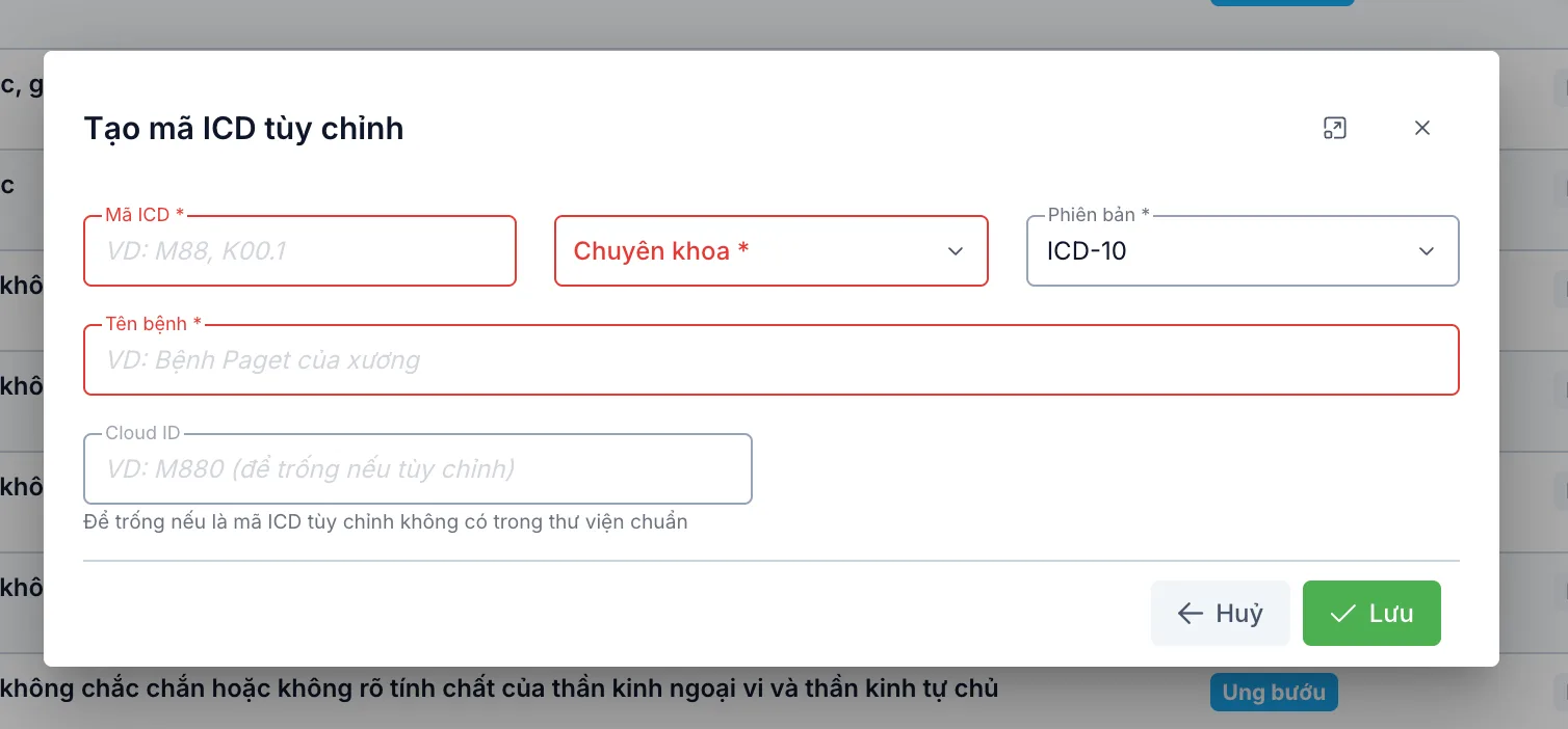 Hộp thoại Tạo mã ICD tùy chỉnh