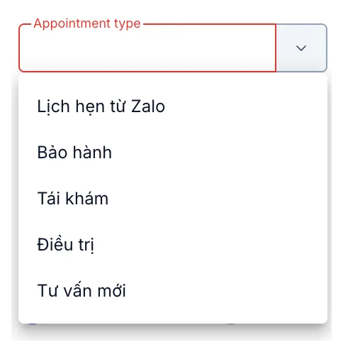 The five appointment types listed when the field is clicked