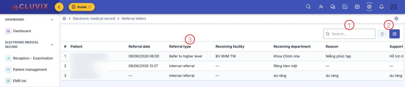 The Referral letters screen with three areas numbered