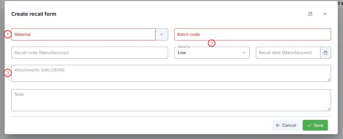The create recall form with three areas numbered