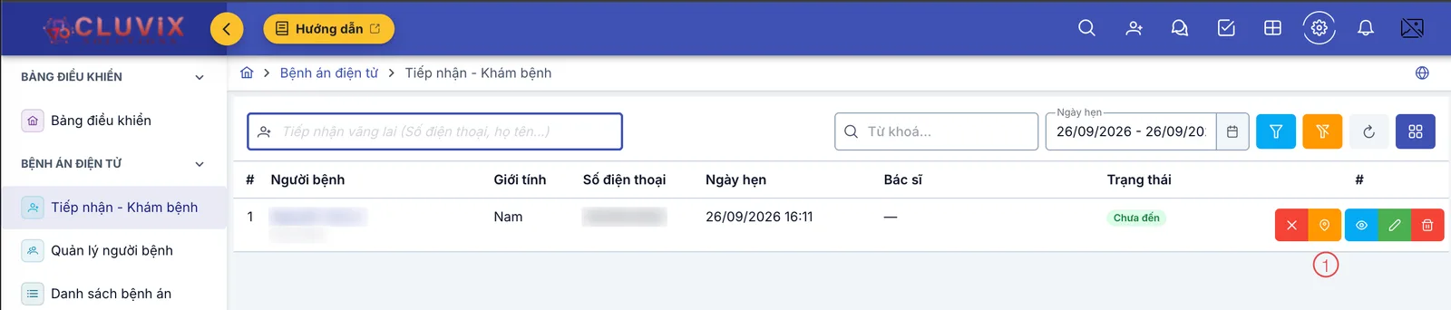 Màn hình Tiếp nhận - Khám bệnh, khoanh số 1 vào nút check-in