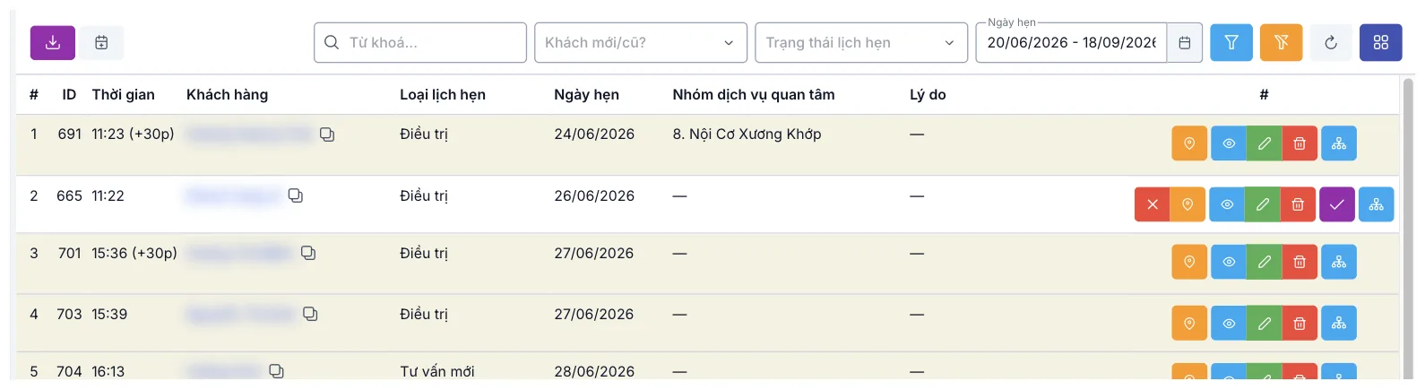 Màn hình Danh sách lịch hẹn với thanh lọc và các dòng lịch hẹn