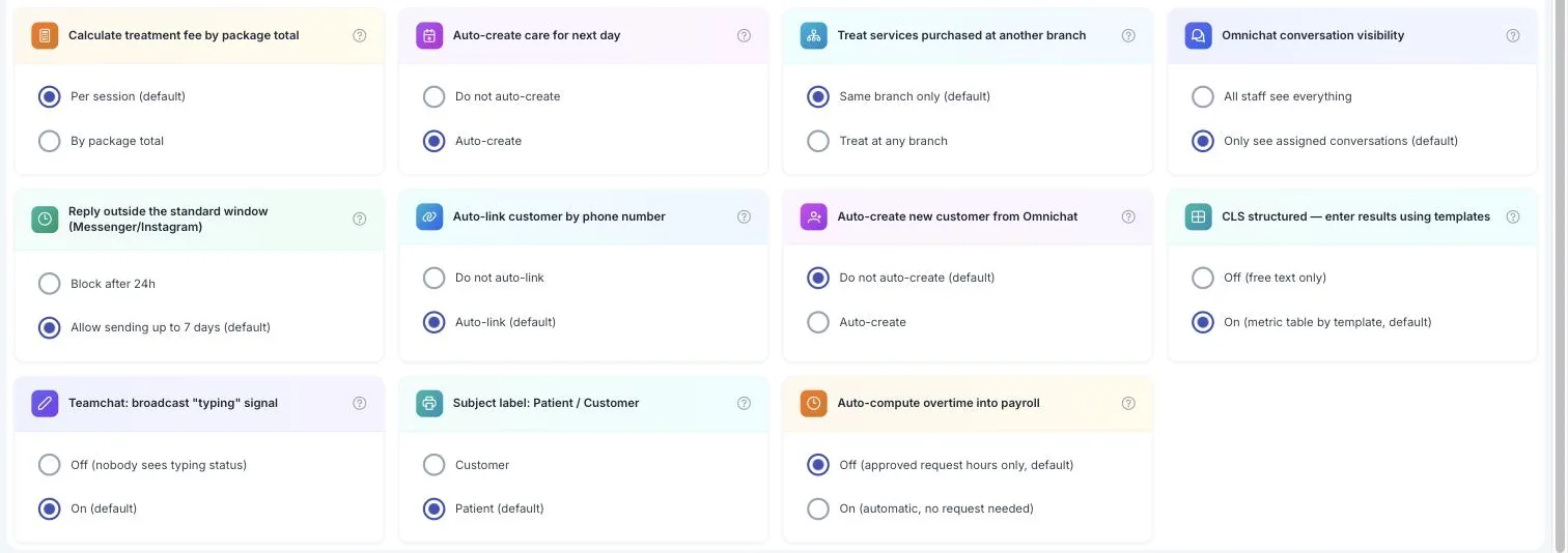 Task options screen, remaining 11 options