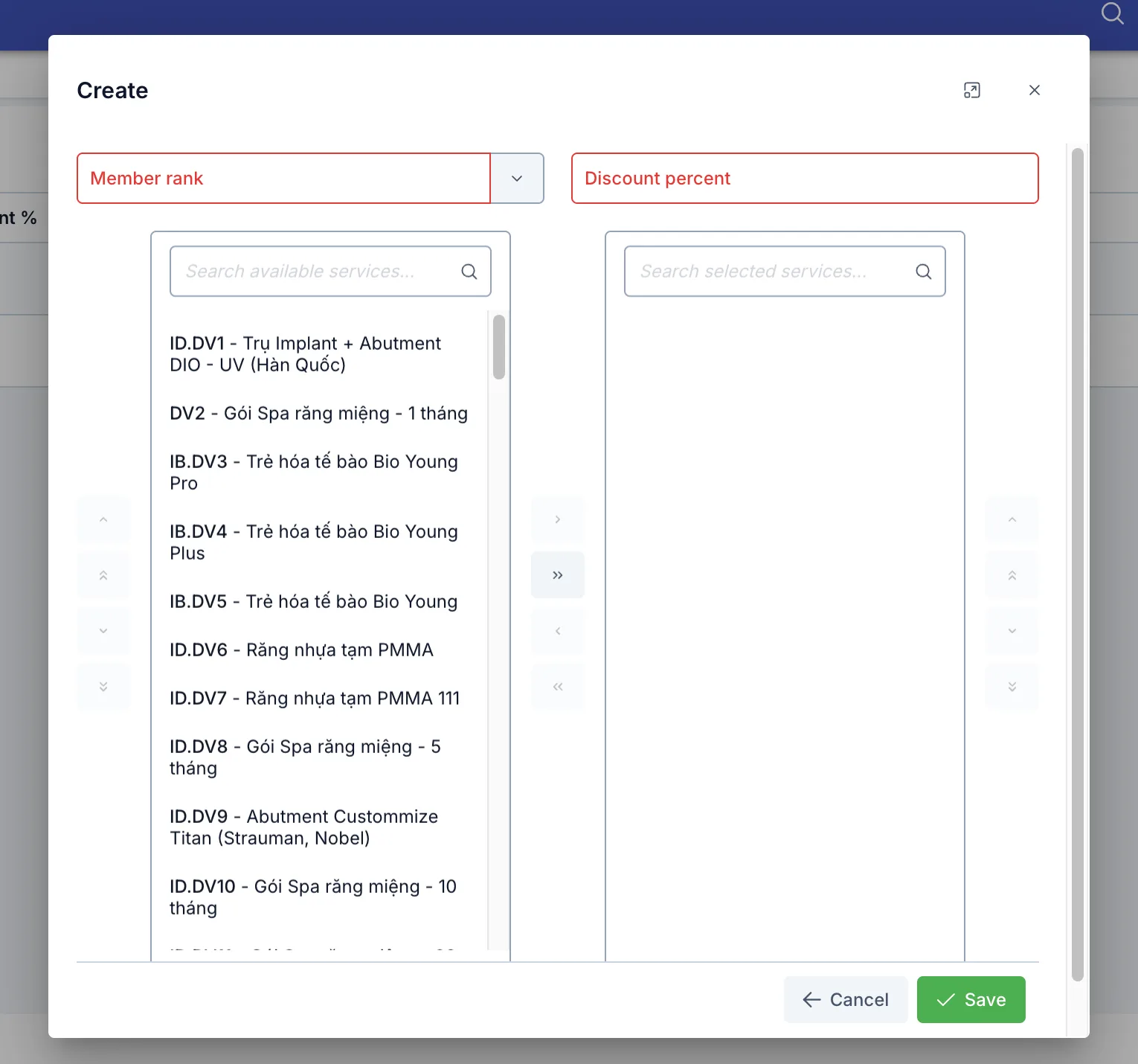 Create Rank Discount dialog — service picker