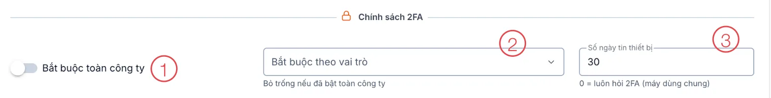 Mục Chính sách 2FA với 3 thiết lập được đánh số