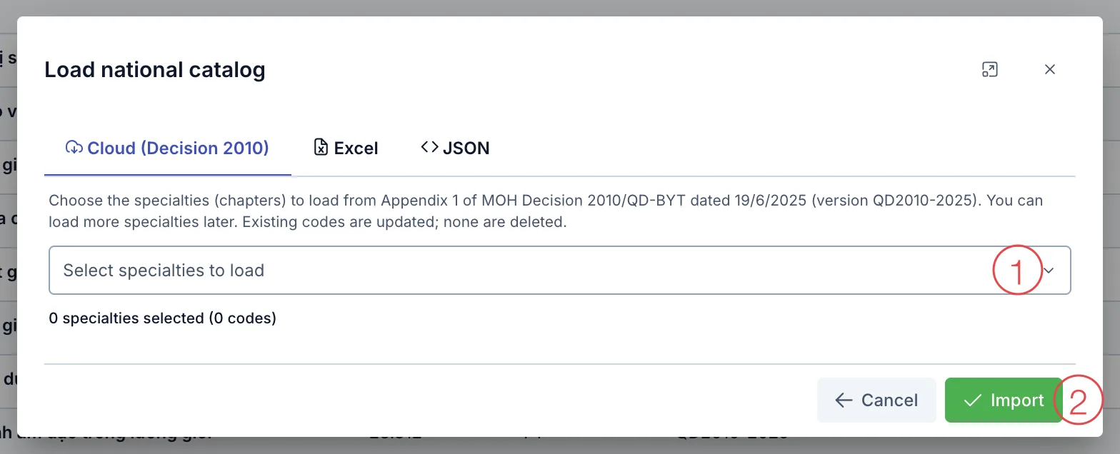 Cloud tab in the Load national catalog dialog