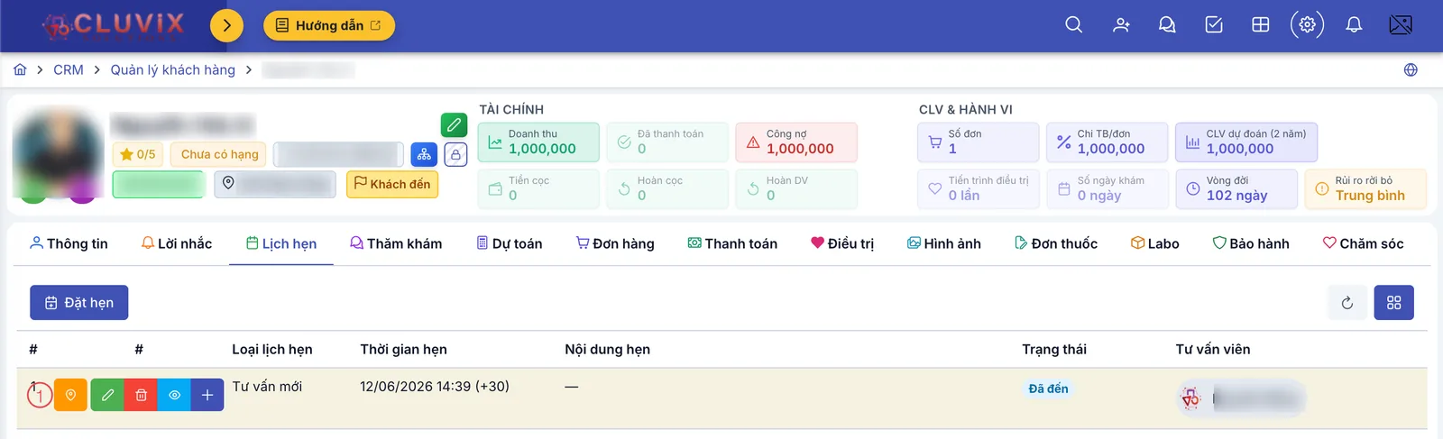 Thẻ Lịch hẹn trong hồ sơ khách hàng, khoanh số 1 vào nút check-in