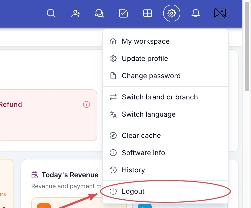 Account menu with Logout circled