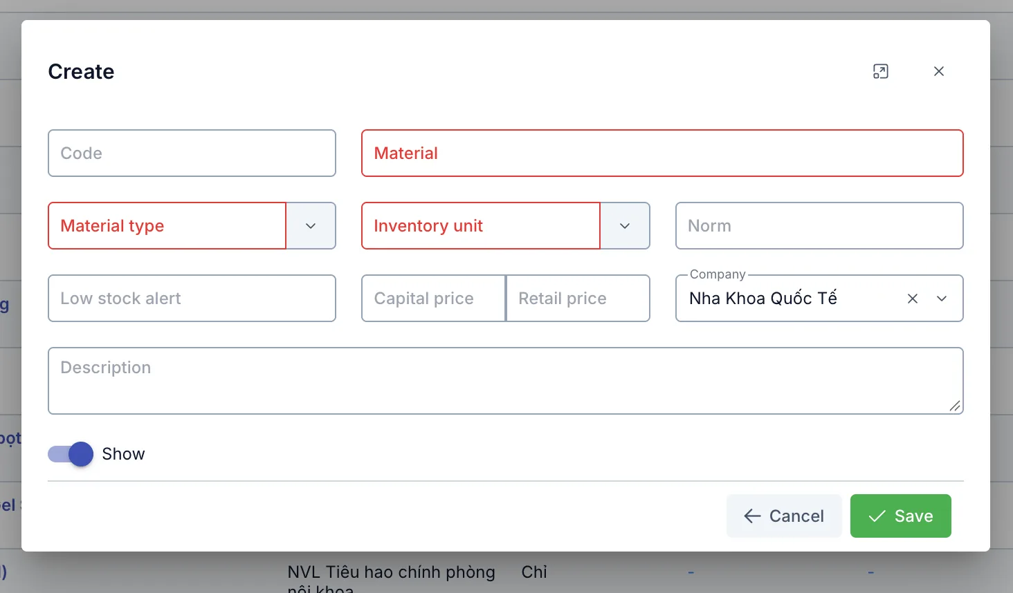 Create Material dialog