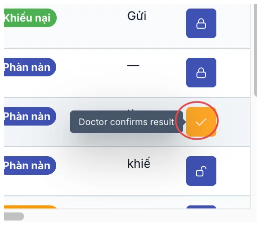 The row buttons, with a red circle on the amber tick button