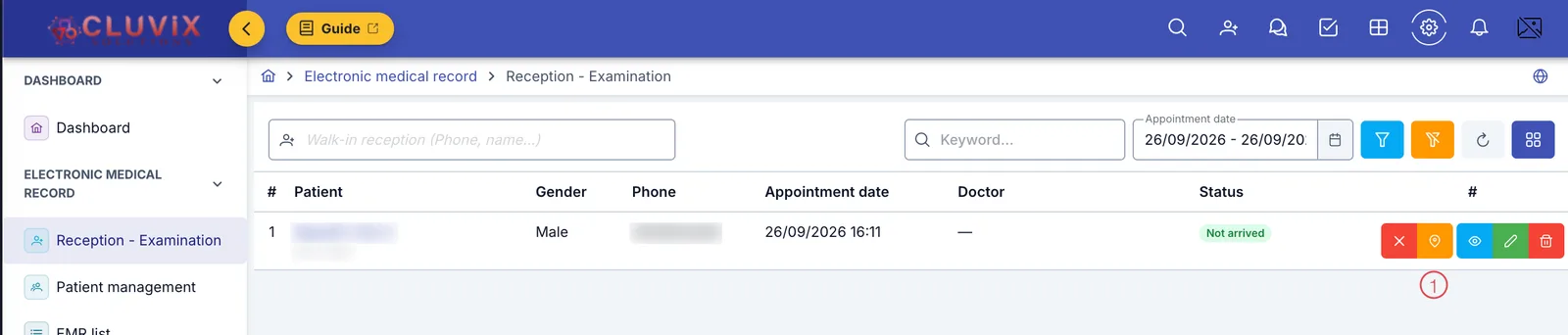 The Reception - Examination screen, with the check-in button numbered 1
