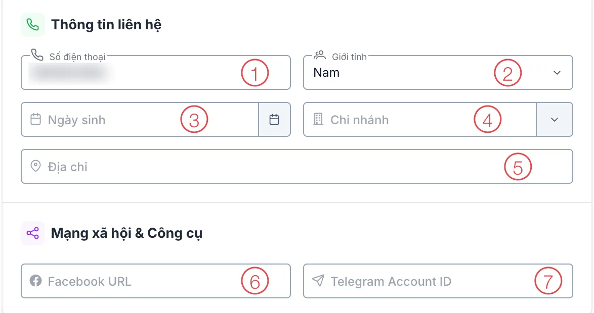 Phần dưới hộp thoại với các ô liên hệ và mạng xã hội được đánh số