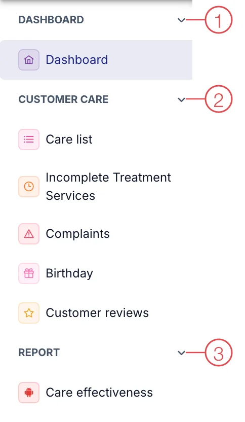 Left-hand menu of the Customer care module with numbered groups