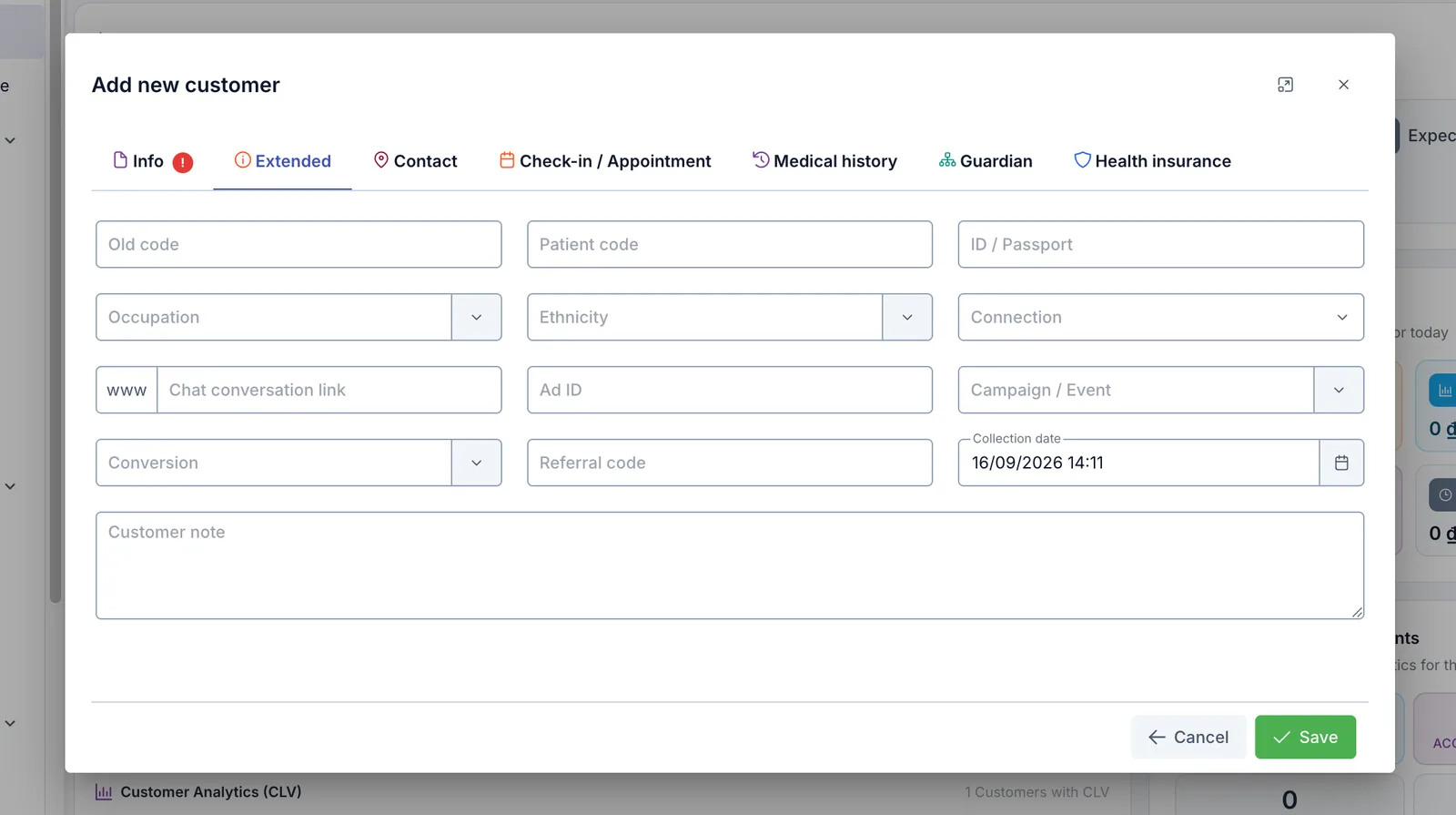 Fields in the Extended tab of the Add new customer box