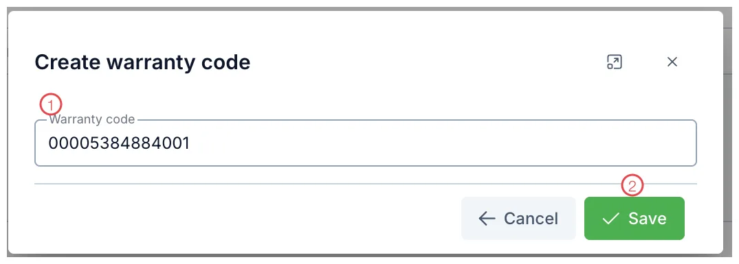 The Create warranty code window