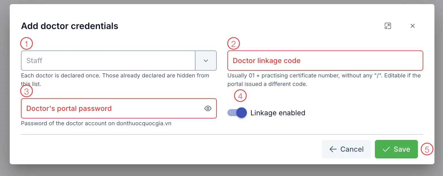 The Add doctor credentials dialog with five fields numbered