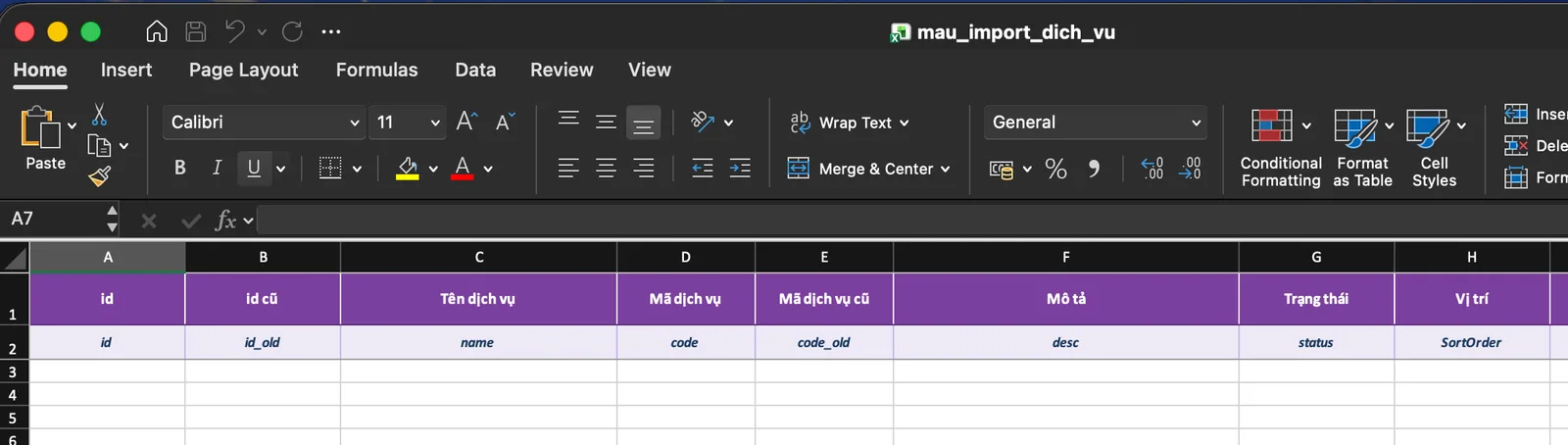 File mẫu import dịch vụ, dòng 1 là nhãn, dòng 2 là key