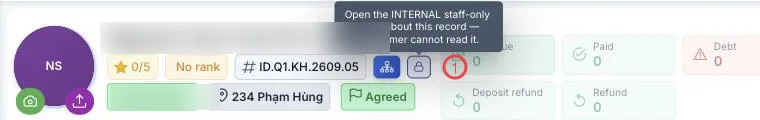 The Internal discussion button on a customer record