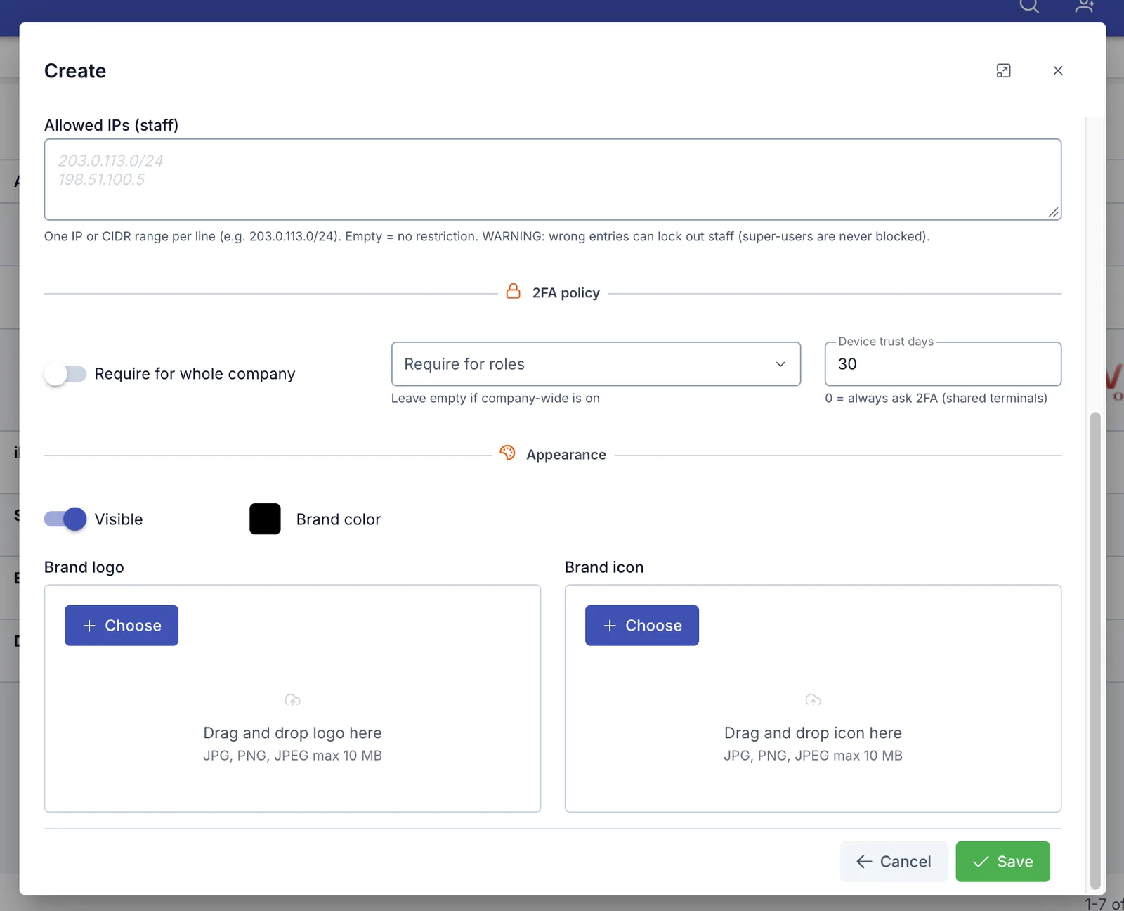 Create brand dialog, 2FA policy and appearance section