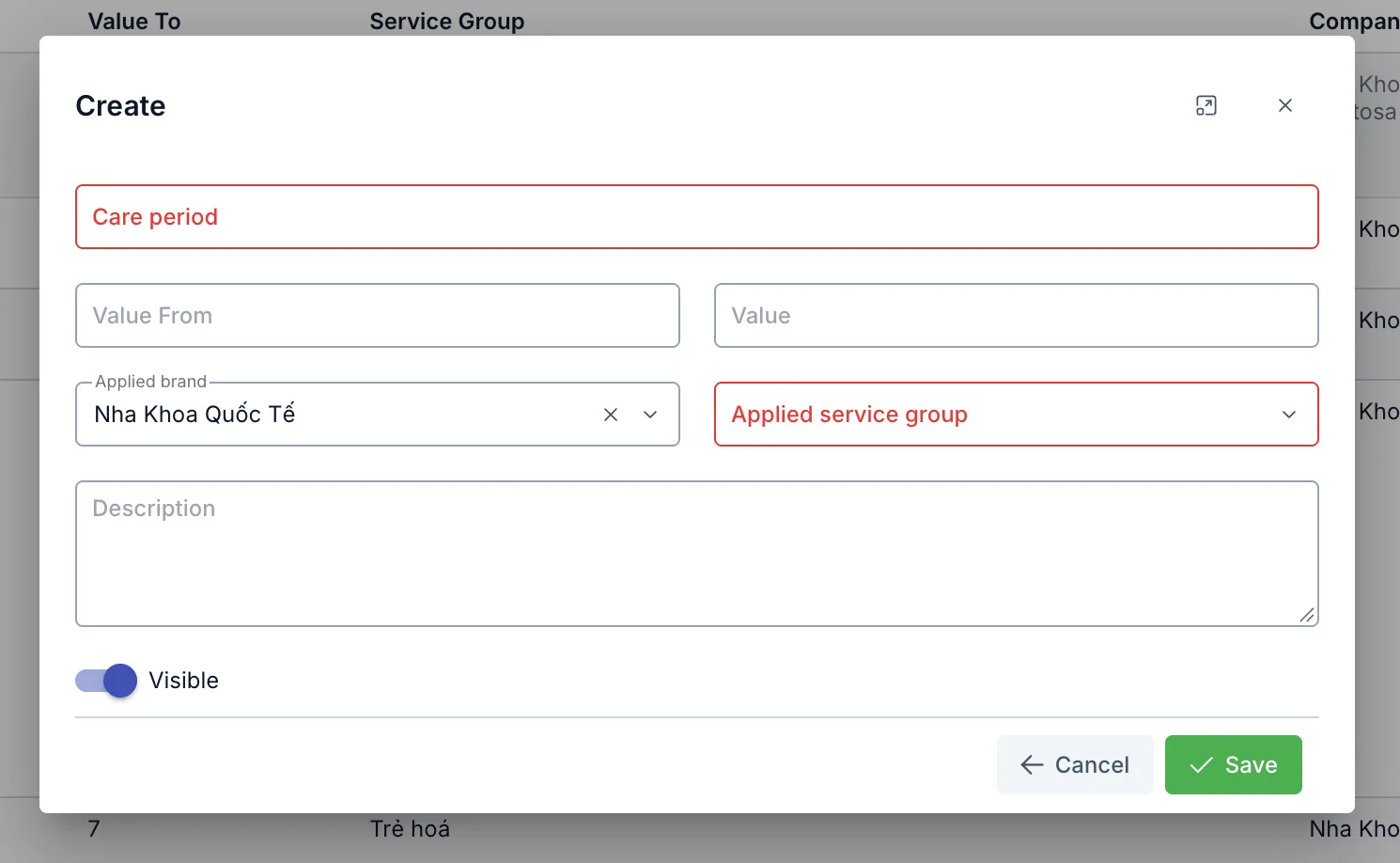 Create care period dialog