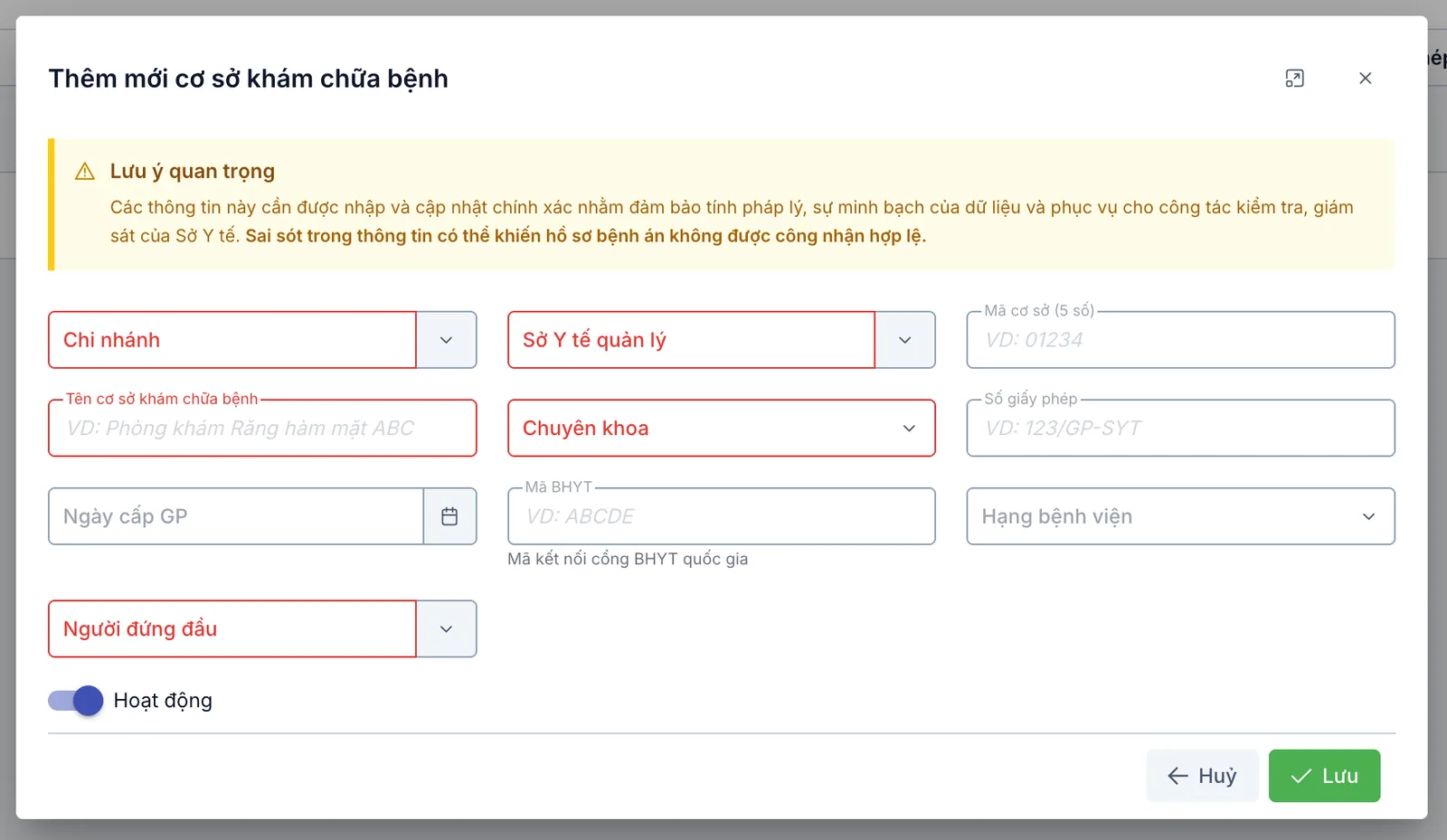 Hộp thoại Thêm mới cơ sở khám chữa bệnh