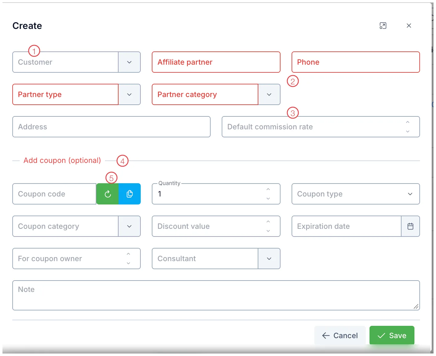 The Create partner form with five areas numbered
