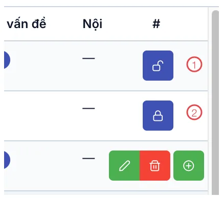 Hai nút ổ khoá trên dòng khiếu nại, đánh số 1 và 2