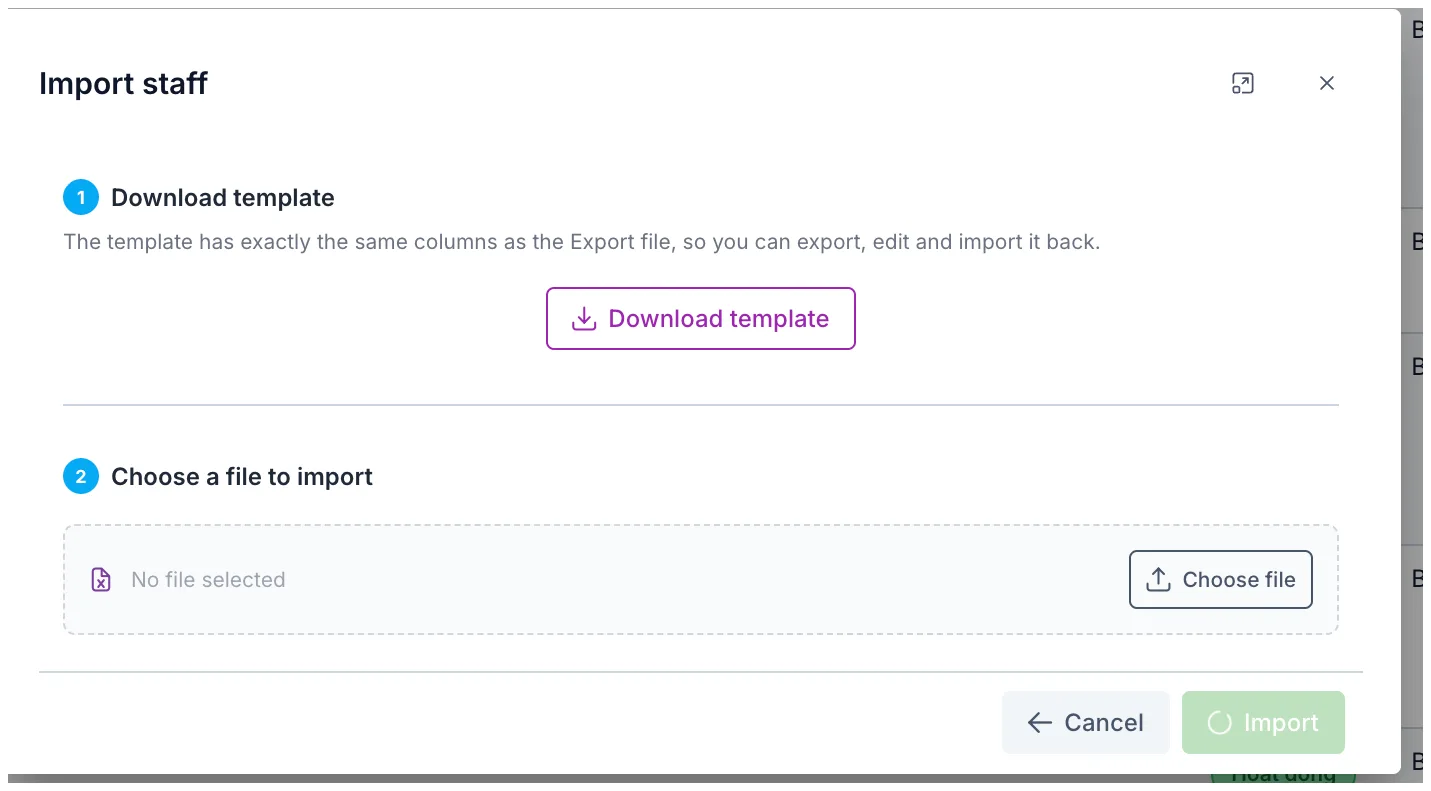 The Import staff dialog with two steps