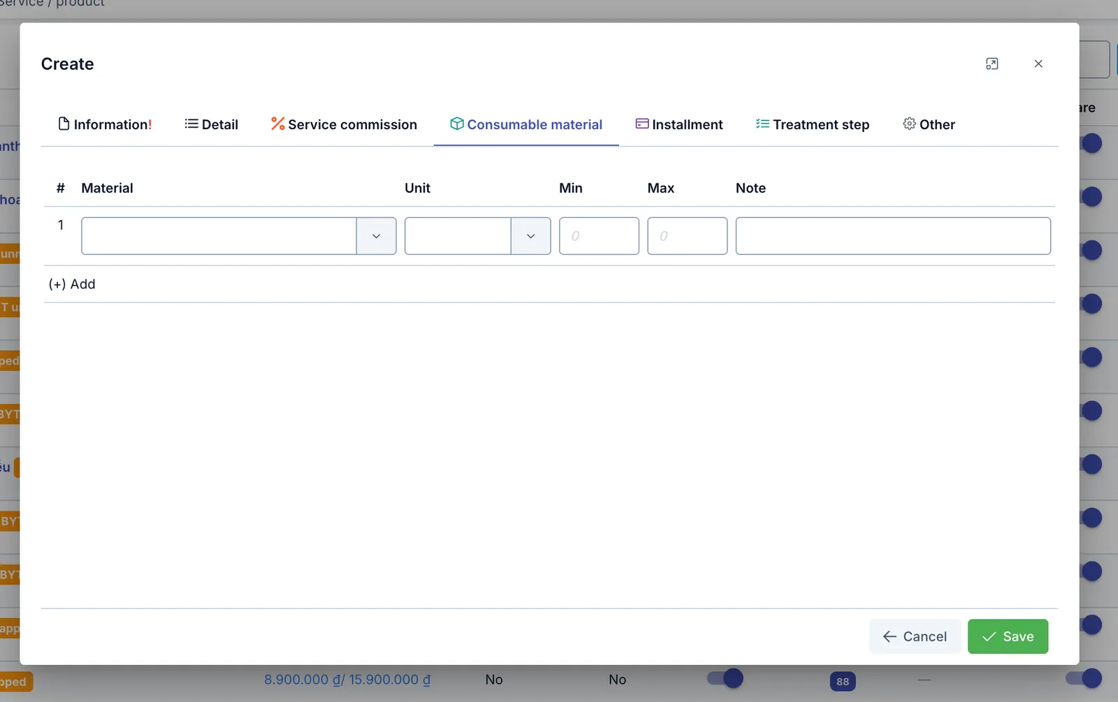 Create service dialog, Consumable material tab