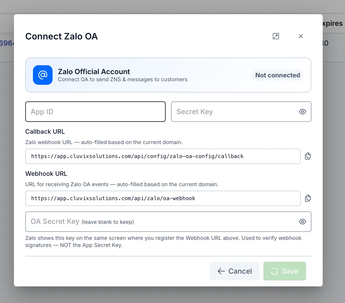 Connect Zalo OA dialog with App ID, Secret Key, Callback URL, Webhook URL, OA Secret Key fields