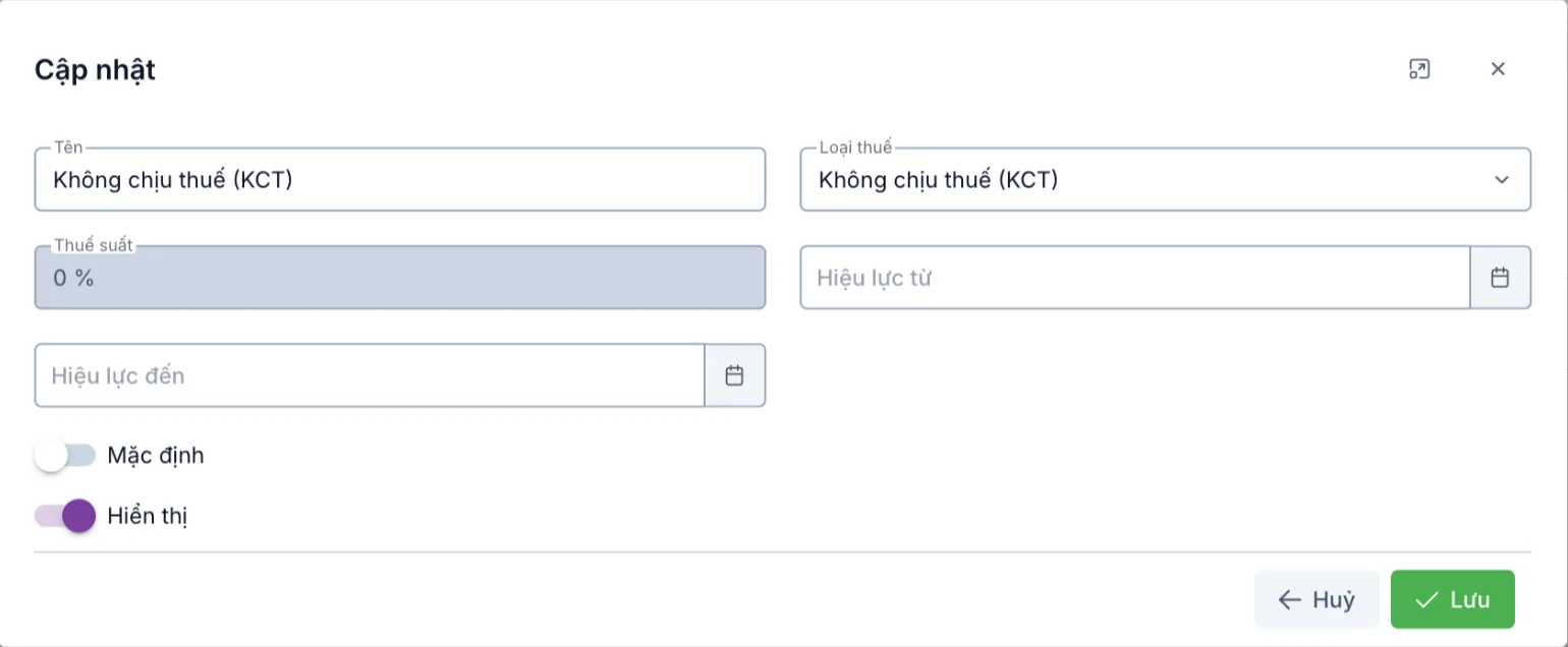 Hộp Cập nhật thuế suất của mức Không chịu thuế (KCT)