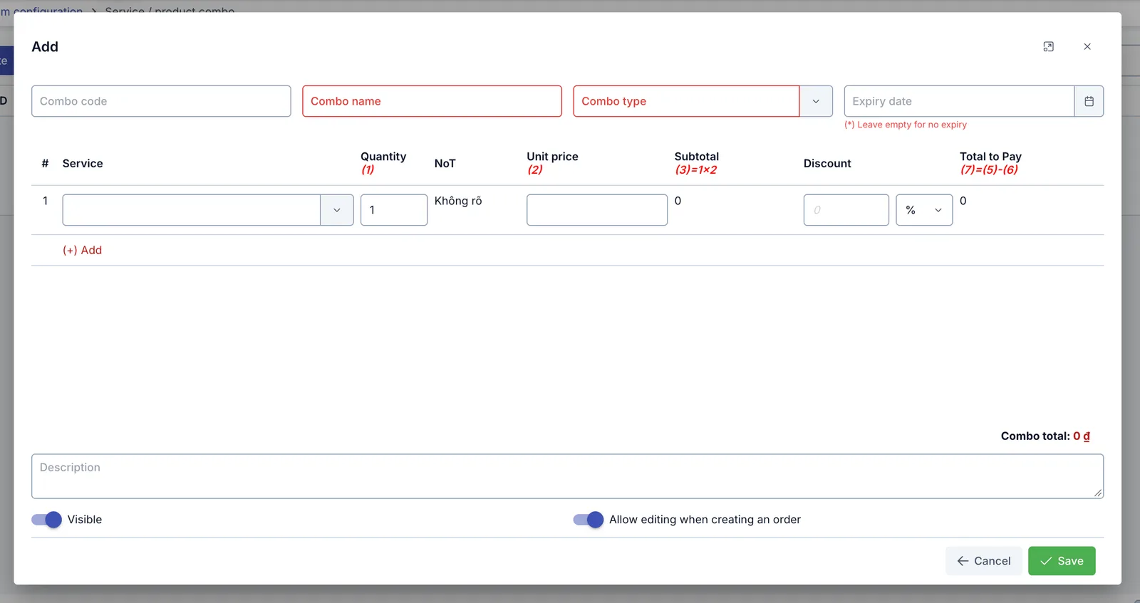 Add service/product combo dialog